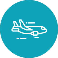 Airplane icon on blue circular background.