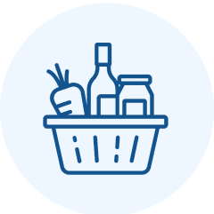 Grocery basket with food and drink items.
