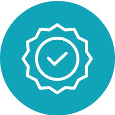 Checkmark badge in a blue circle.