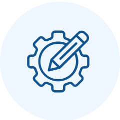 Pencil and gear icon on light background.